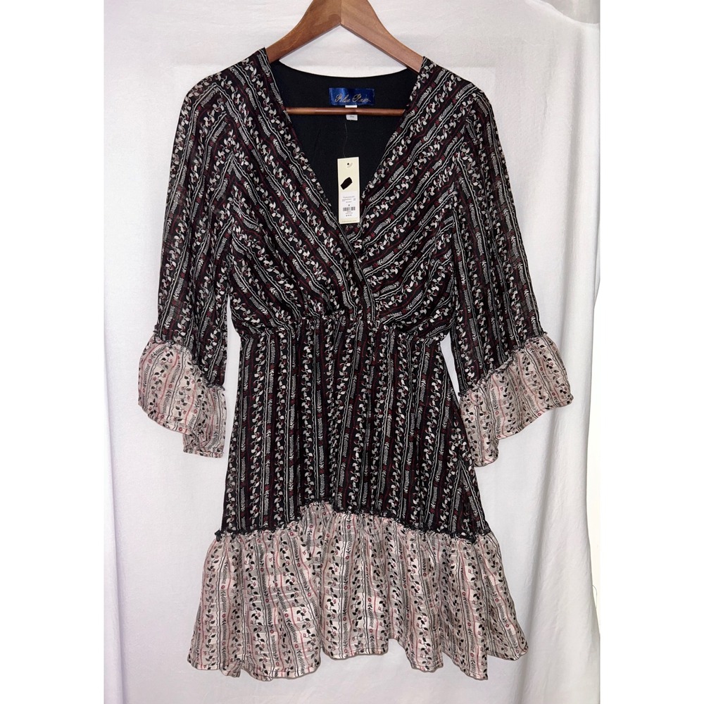 Blue Rain Women's M‎ Floral Print Dress 3/4 Sleeve Ruffle Hem V-Neck Casual